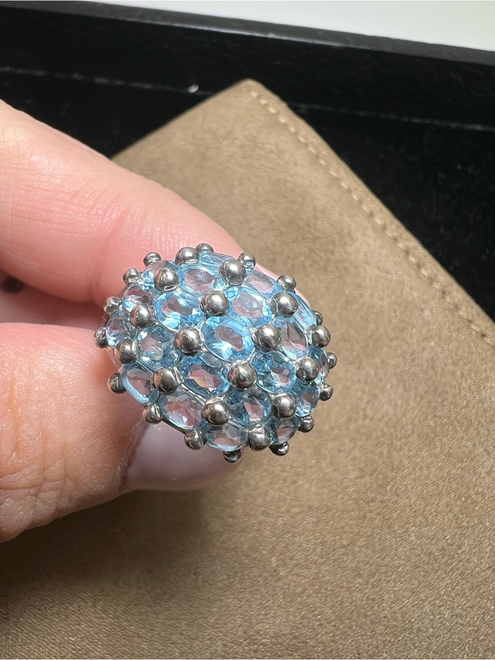 Signed HAN Sterling Silver 925 Ladies Domed BLUE CRYSTAL RING